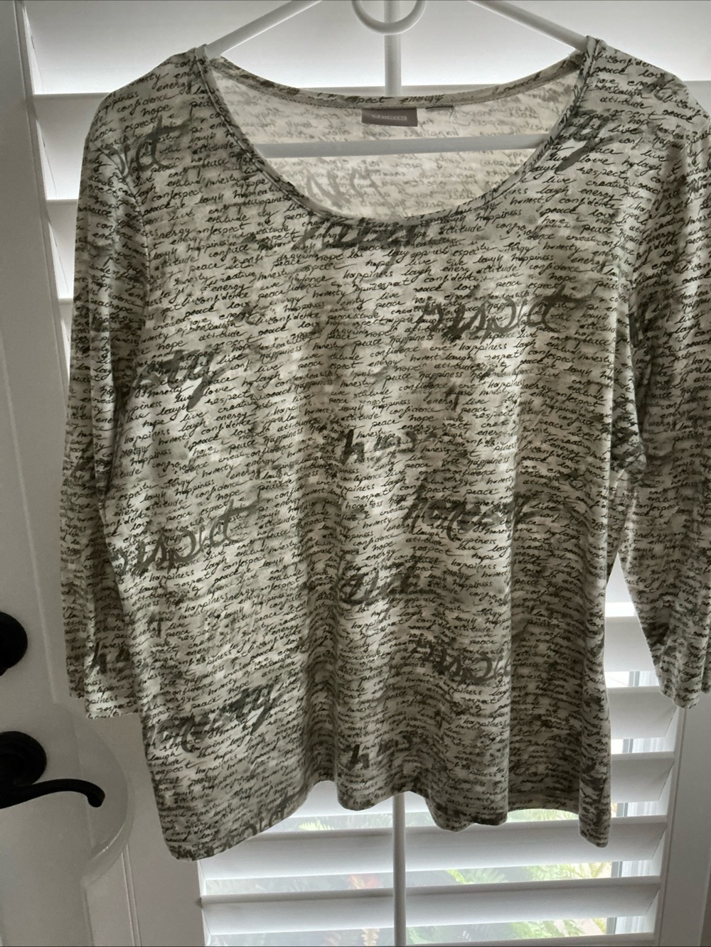 Chico's Cream Top with Olive Script Print